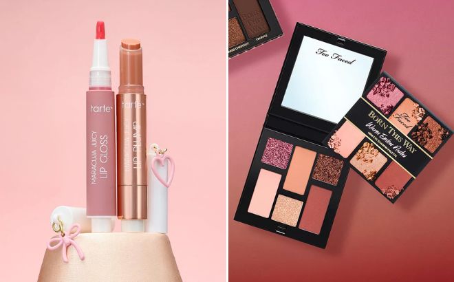 Tarte 2 Piece Say Less Maracuja Juicy Lip Duo Set and Too Faced Born This Way Warm Tone Mini Neutral Eye Shadow Palette