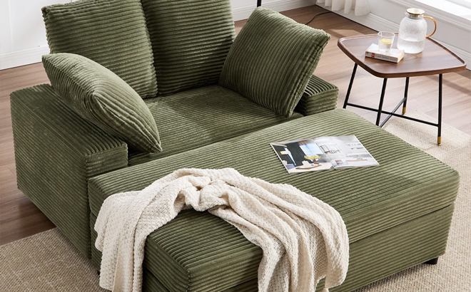 Upholstered Corduroy Sleeper Sofa Bed in Green Upholstered Corduroy Sleeper Sofa Bed in Green