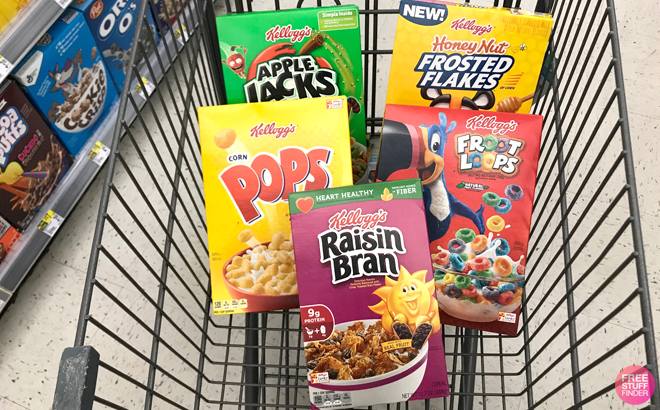 Various Flavors of Kelloggs Cereals in a Cart