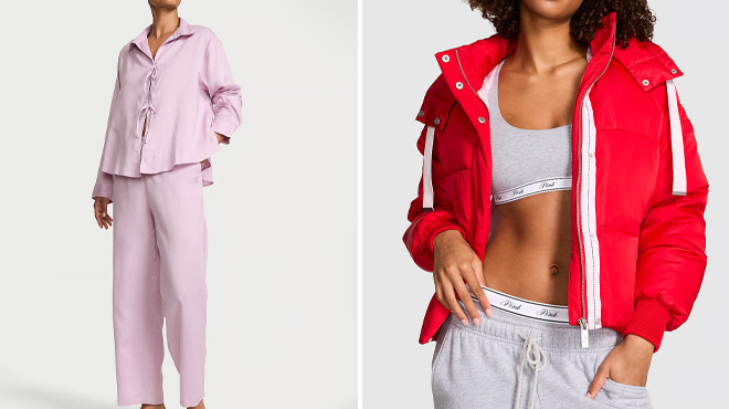 Victorias Secret Modal Cotton Tie Front Long Pajama Set and PINK Marshmallow Cropped Puﬀer Jacket