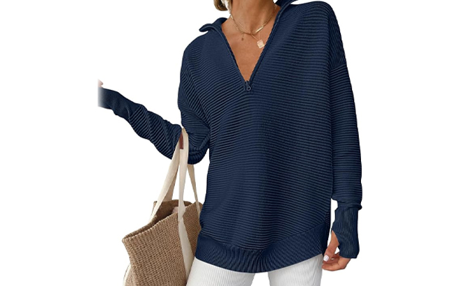 Women Long Sleeve V Neck Fall Sweater Quarter Zip Pullover in Navy Women Long Sleeve V Neck Fall Sweater Quarter Zip Pullover in Navy