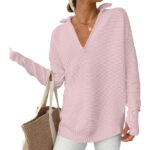 Women Long Sleeve V Neck Fall Sweater Quarter Zip Pullover in Pink