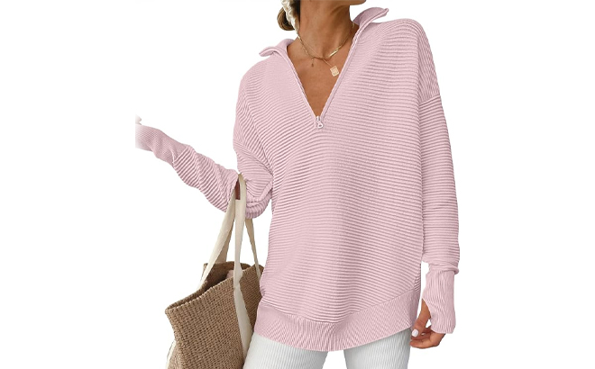 Women Long Sleeve V Neck Fall Sweater Quarter Zip Pullover in Pink Women Long Sleeve V Neck Fall Sweater Quarter Zip Pullover in Pink