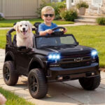 A Boy with a Dog Riding the Chevrolet Silverado Powered Ride on Truck
