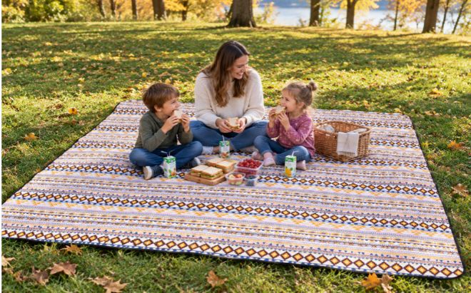 A Mom and Two Kids Having a Picnic on a Large Blanket