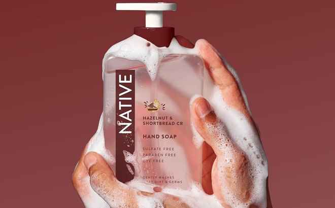 A Person Holding Native Liquid Hand Soap in Hazelnut Shortbread Crust