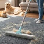 A Person Using Carpet Rake Scraper Broom
