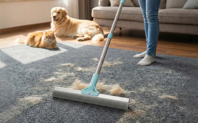 A Person Using Carpet Rake Scraper Broom A Person Using Carpet Rake Scraper Broom