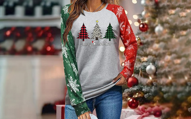 A Person Wearing Womens Christmas Shirt A Person Wearing Womens Christmas Shirt