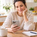 A Smiling Woman Looking at Her Phone with a Cup of Coffee