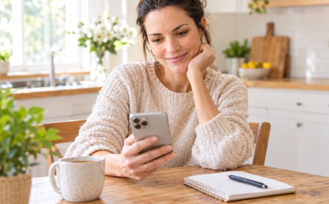 A Smiling Woman Looking at Her Phone with a Cup of Coffee