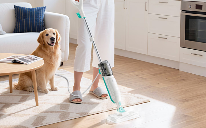 A Woman Cleaning with the PrettyCare 10 in 1 Steam Mop A Woman Cleaning with the PrettyCare 10 in 1 Steam Mop
