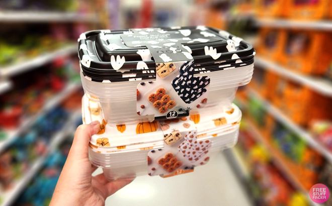 A Woman Holding Cook With Color 6 Piece Halloween Ghost and Pumpkin Rectangular Food Storage Container Set