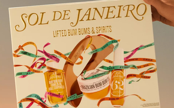 A Woman Holding Sol de Janeiro Lifted Bum Bums Spirits Body Care Gift Set A Woman Holding Sol de Janeiro Lifted Bum Bums Spirits Body Care Gift Set