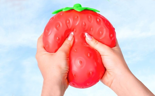 A Woman Holding Sunny Days Entertainment Strawberry Squishy A Woman Holding Sunny Days Entertainment Strawberry Squishy