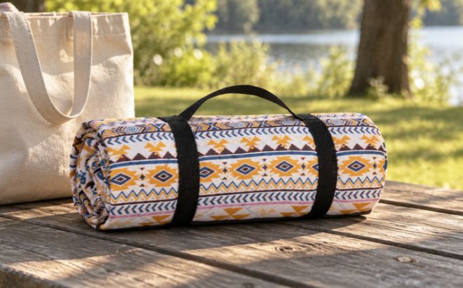 Airensky Picnic Blanket Rolled Up on a Picnic Table