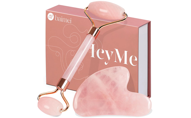 BAIMEI IcyMe Rose Quartz Roller and Gua Sha Facial Tool Set for Depuffing BAIMEI IcyMe Rose Quartz Roller and Gua Sha Facial Tool Set for Depuffing