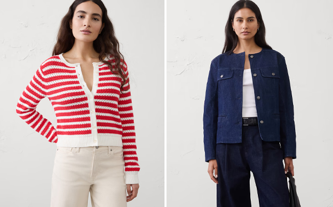 Banana Republic Factory Cotton Crochet Cropped Cardigan and Denim Collarless Jacket