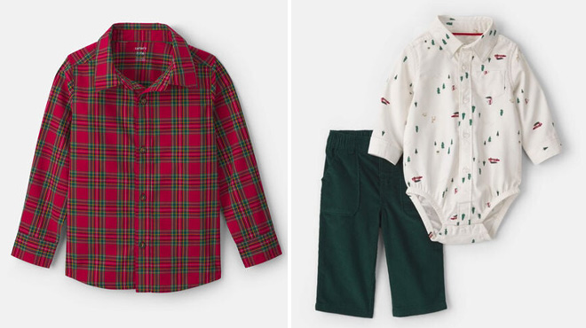 Carters Boys Plaid Long Sleeve Button Down Shirt and Baby Boy 2 Piece Christmas Twill Long Sleeve Top Pant Set