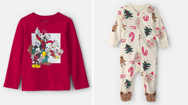 Carters Toddler Disney Mickey Mouse Christmas Long Sleeve Graphic Tee and Baby Christmas Icon 2 Way Zip Sleep Play Pajamas