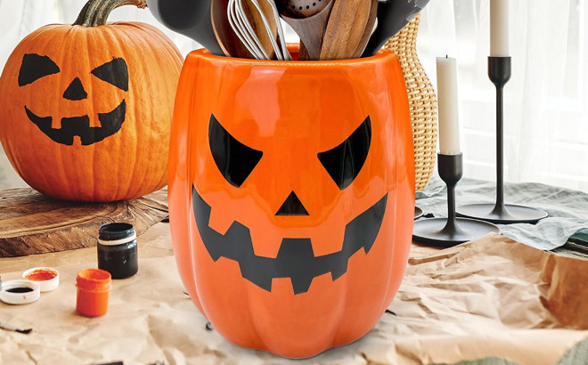 Ceramic Halloween Pumpkin Utensil Holder Ceramic Halloween Pumpkin Utensil Holder