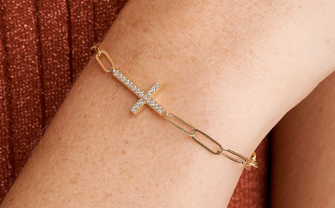 Diamonique Paperclip Link Cross Bracelet on Hand