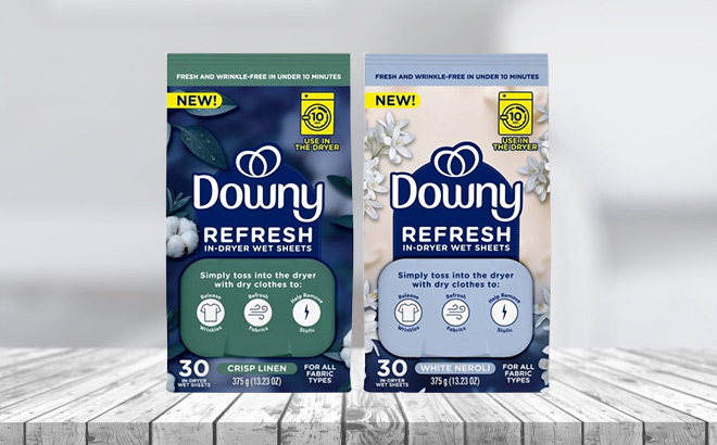 Downy Refresh Fabric Sheets 30 Count Bags on the Table
