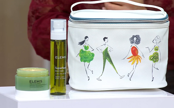 ELEMIS Pro Collagen Green Fig Cleansing Balm Multi Mist with Bag on a Product Stand
