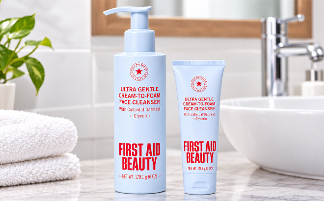 First Aid Beauty Ultra Gentle Cream to Foam Cleansers on a Table First Aid Beauty Ultra Gentle Cream to Foam Cleansers on a Table