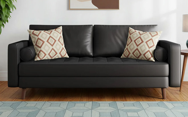 George Oliver Leather Mid Century Modern Upholstered Square Arm Sofa George Oliver Leather Mid Century Modern Upholstered Square Arm Sofa