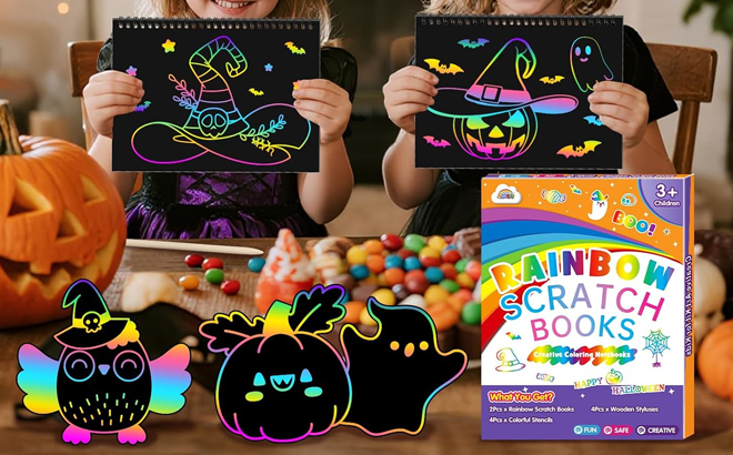 Girls Holding ZMLM Rainbow Scratch Paper Art Craft Set Girls Holding ZMLM Rainbow Scratch Paper Art Craft Set