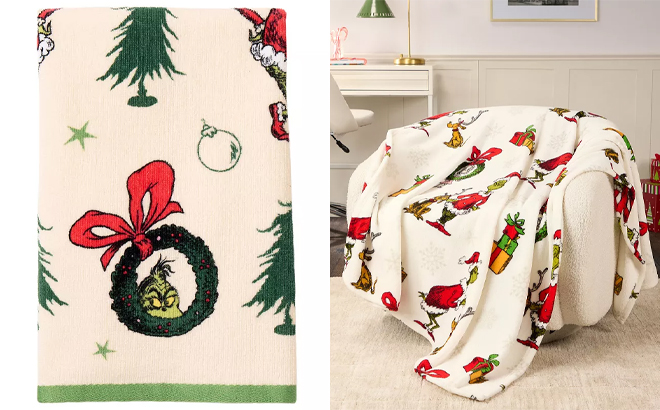 Grinch Cheer Hand Towel and Dr Seuss The Grinch Snowy Days Throw Blanket