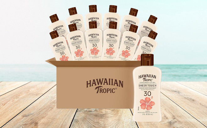 Hawaiian Tropic Sheer Touch Sunscreen Lotion 12 Pack on the Table Hawaiian Tropic Sheer Touch Sunscreen Lotion 12 Pack on the Table