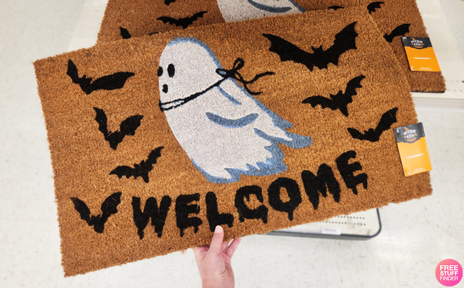 Hyde and EEK Ghost Welcome Bats Bone Parlour Halloween Coir Doormat
