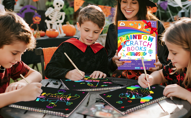 Kids Playing with the ZMLM Rainbow Scratch Paper Art Craft Set