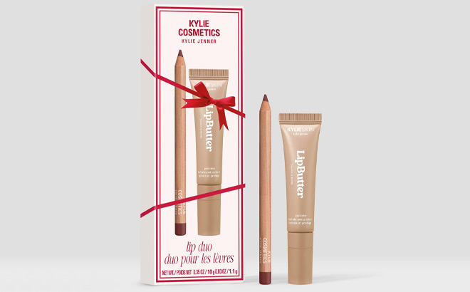 Kylie Cosmetics 2 Piece Precision Pout Lip Liner Lip Butter Duo Gift Set on Gray Table
