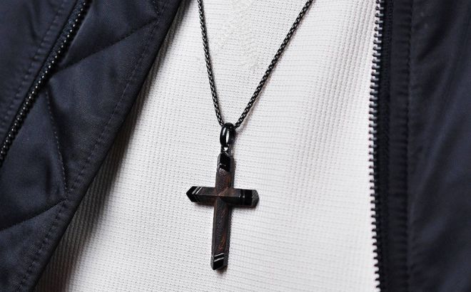 LYNX Stainless Steel and Ebony Wood Cross Mens Pendant