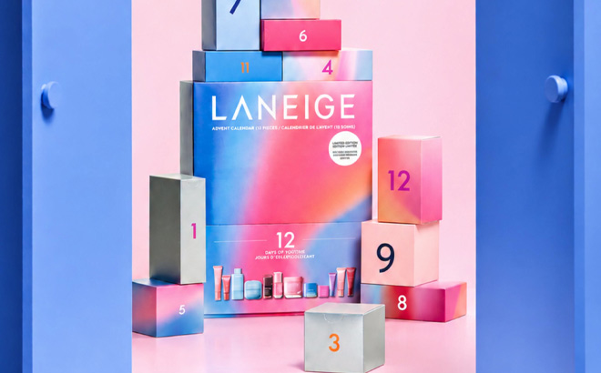 Laneige 12 Days of Wonder Korean Skincare Lip Favorites Advent Calendar on the Pink Background