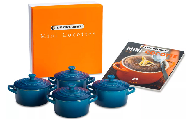 Le Creuset 4 Piece Mini Round Stoneware Cocottes Set with Recipe Booklet Le Creuset 4 Piece Mini Round Stoneware Cocottes Set with Recipe Booklet