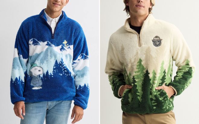Licensed Character Mens Snoopy Sherpa Sweater and Smokey The Bear Sherpa Sweater Licensed Character Mens Snoopy Sherpa Sweater and Smokey The Bear Sherpa Sweater