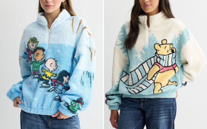 Licensed Character Peanuts Ice Skating Graphic Sherpa Fleece Pullover and Disneys Winnie the Pooh Sherpa Fleece Pullover Licensed Character Peanuts Ice Skating Graphic Sherpa Fleece Pullover and Disneys Winnie the Pooh Sherpa Fleece Pullover