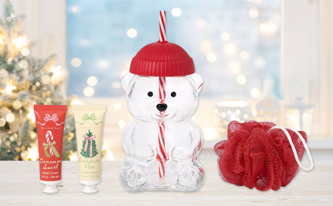 MAISON DE BASE Hand Creams Mesh Pouf Bear Cup 4 Piece Set on a Table MAISON DE BASE Hand Creams Mesh Pouf Bear Cup 4 Piece Set on a Table