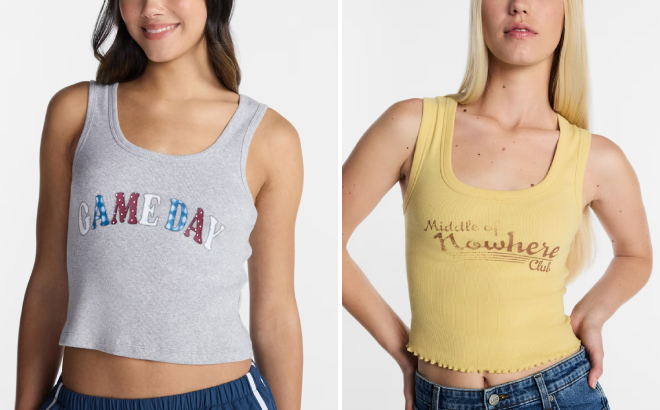 No Boundaries Womens Ribbed Graphic Game Day Tank Top and Middle of Nowhere Club Graphic Cutaway Tank Top No Boundaries Womens Ribbed Graphic Game Day Tank Top and Middle of Nowhere Club Graphic Cutaway Tank Top