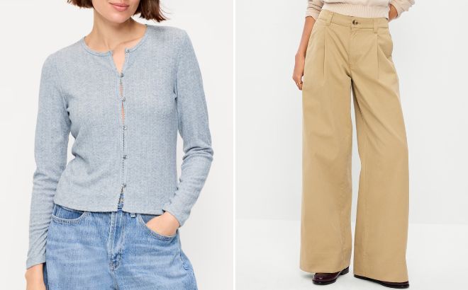 Old Navy Long Sleeve Button Front Cutout Pointelle Top and Mid Rise Pleated Wide Leg Pants