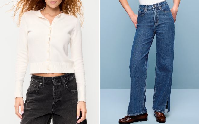 Old Navy SoSoft Cropped Crew Neck Cardigan and Extra High Waisted Twisted Seam Wide Leg Jeans