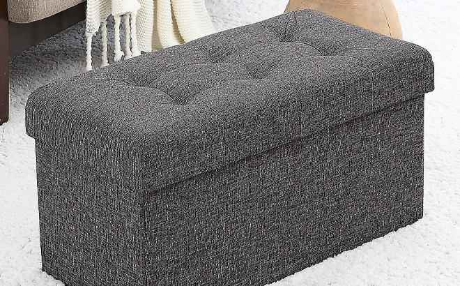 Ornavo Home Foldable Tufted Linen Storage Ottoman Bench on the Floor Ornavo Home Foldable Tufted Linen Storage Ottoman Bench on the Floor