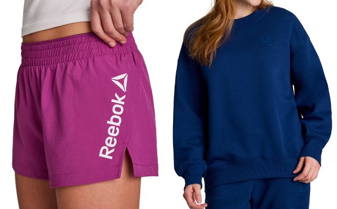Reebok Girls Staple Shorts and Womens Weekender Oversized Crewneck Sweatshirt