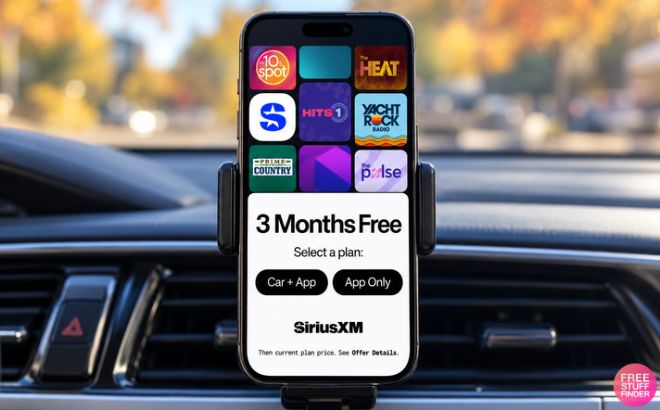 Phone in a Car Dashboard Mount Showing the SiriusXM 3 Months Free Offer Phone in a Car Dashboard Mount Showing the SiriusXM 3 Months Free Offer
