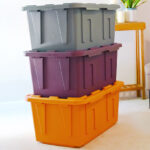 Sort Style 27 Gallon Large Storage Bin with Snap Lid 4 Pack on the Floor