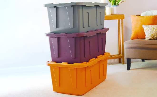 Sort Style 27 Gallon Large Storage Bin with Snap Lid 4 Pack on the Floor Sort Style 27 Gallon Large Storage Bin with Snap Lid 4 Pack on the Floor